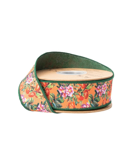1 1/2" Wired Dupioni Ribbon | Fall Floral on Orange w/ Green Backing | 10 Yard Roll