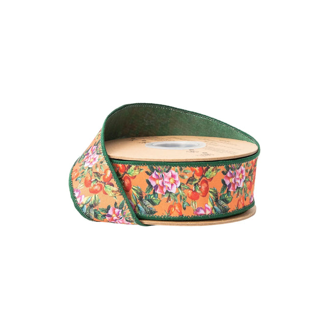 1 1/2" Wired Dupioni Ribbon | Fall Floral on Orange w/ Green Backing | 10 Yard Roll