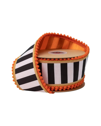 2 1/2" Wired Dupioni Ribbon | Black/White Stripe w/ Gold and Orange Pom Pom Edging w/ Satin Orange Backing | 10 Yard Roll
