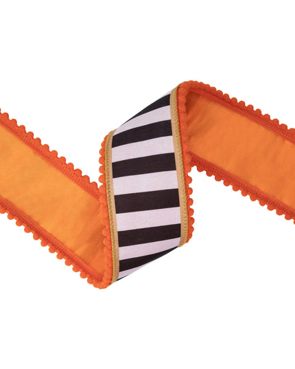 2 1/2" Wired Dupioni Ribbon | Black/White Stripe w/ Gold and Orange Pom Pom Edging w/ Satin Orange Backing | 10 Yard Roll
