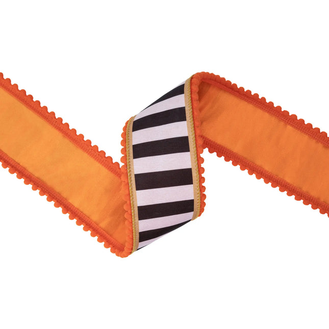2 1/2" Wired Dupioni Ribbon | Black/White Stripe w/ Gold and Orange Pom Pom Edging w/ Satin Orange Backing | 10 Yard Roll