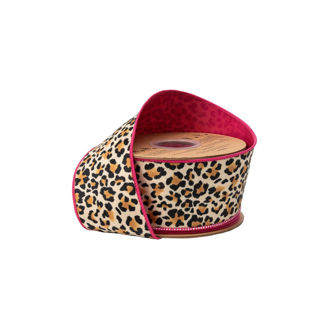 2 1/2" Wired Velvet Ribbon Animal Print w/ Pink Backing 10 Yard Roll