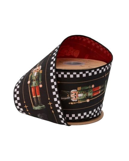 4" Wired Dupioni Ribbon | Black/White Check Nutcracker on Black w/ Red Backing | 10 Yard Roll