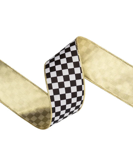 2 1/2" Wired Velvet Ribbon |Black/White Check w/ Gold Backing | 10 Yard Roll