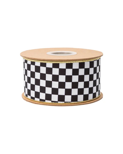 2 1/2" Wired Velvet Ribbon |Black/White Check w/ Gold Backing | 10 Yard Roll