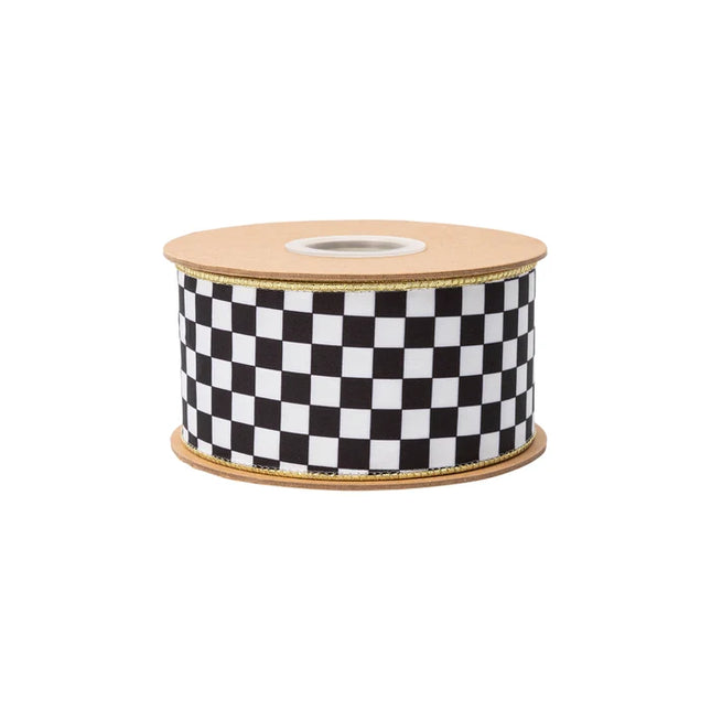 2 1/2" Wired Velvet Ribbon |Black/White Check w/ Gold Backing | 10 Yard Roll