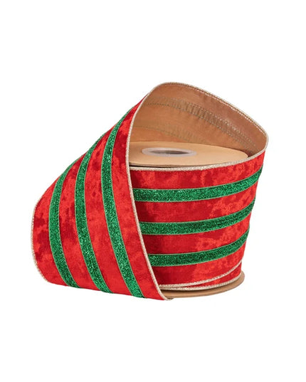 4" Wired Velvet Ribbon | Red w/ Green Metallic Trim w/ Gold Backing | 10 Yard Roll