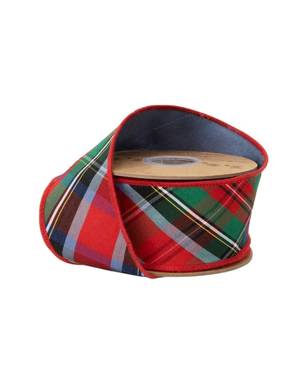 2 1/2" Wired Dupioni Ribbon | Bias Cut Traditional Christmas Plaid Red/Green/Blue w/ Blue Backing | 10 Yard Roll