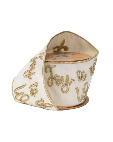 4" Wired Dupioni Ribbon | Gold Embroidered "Joy to the World" on Ivory w/ Gold Tissue Backing | 10 Yard Roll