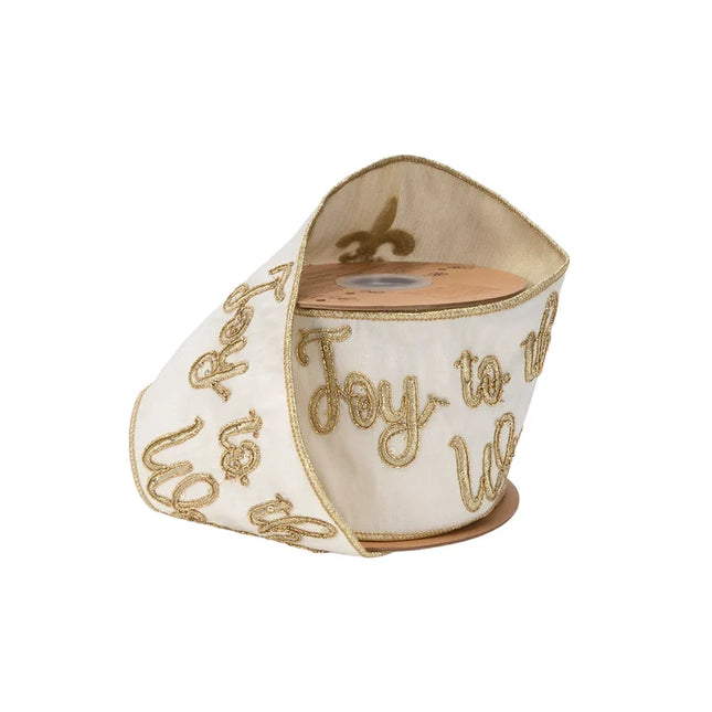 4" Wired Dupioni Ribbon | Gold Embroidered "Joy to the World" on Ivory w/ Gold Tissue Backing | 10 Yard Roll