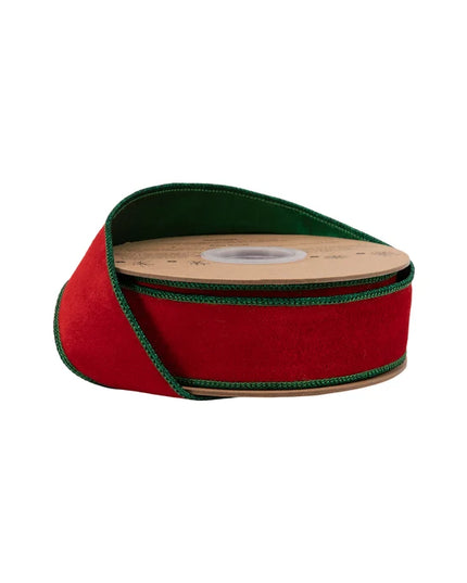 1 1/2" Wired Soft Velvet Ribbon | Red w/ Metallic Green Backing | 10 Yard Roll