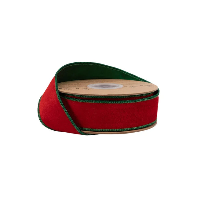 1 1/2" Wired Soft Velvet Ribbon | Red w/ Metallic Green Backing | 10 Yard Roll