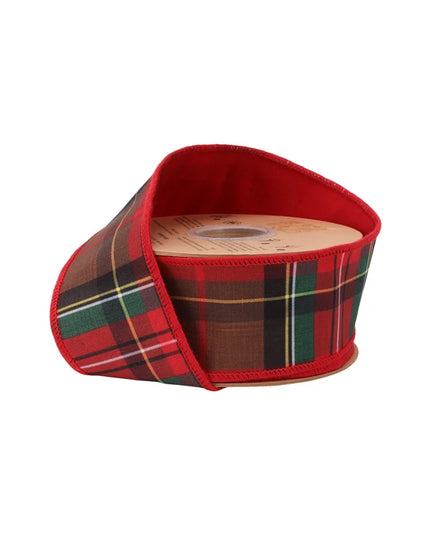 2 1/2" Wired Dupioni Ribbon | Red/Brown Plaid w/ Red Fused Dupioni Backing | 10 Yard Roll