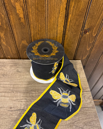 Embroidered Bee Taffeta Fused Ribbon JME 4" x 5 yd
