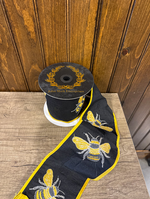 Embroidered Bee Taffeta Fused Ribbon JME 4" x 5 yd