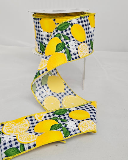 2.5"x10Y Navy Small Plaid Lemon Floral Ribbon image 0