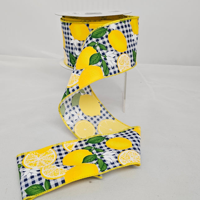 2.5"x10Y Navy Small Plaid Lemon Floral Ribbon image 0