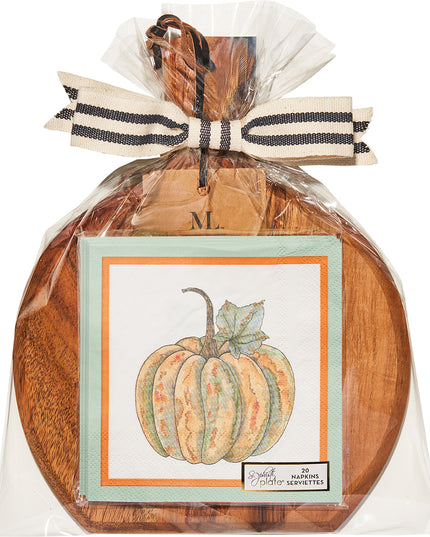 Bright & Thankful 9.75"x8" Acacia Bevel Board and Napkin Gift Set