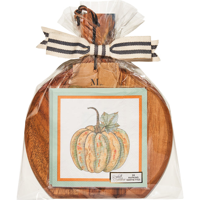 Bright & Thankful 9.75"x8" Acacia Bevel Board and Napkin Gift Set
