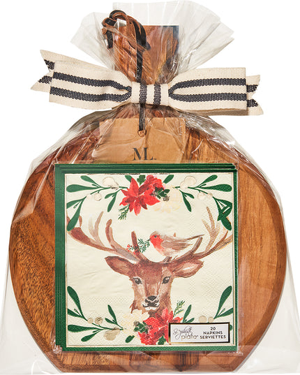 Christmas Forest 9.75"x8" Acacia Bevel Board and Napkin Gift Set