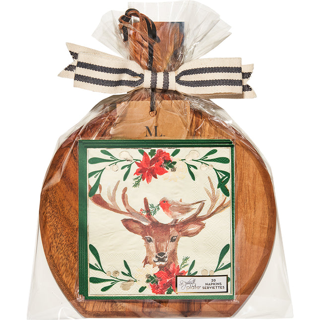 Christmas Forest 9.75"x8" Acacia Bevel Board and Napkin Gift Set
