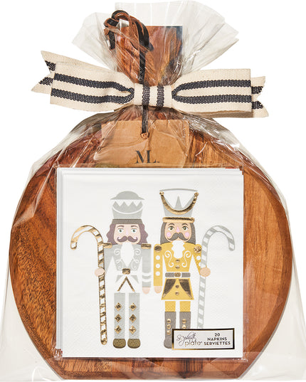 Gilded Nutcracker 9.75"x8" Acacia Bevel Board and Napkin Gift Set