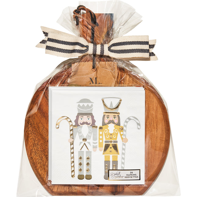 Gilded Nutcracker 9.75"x8" Acacia Bevel Board and Napkin Gift Set
