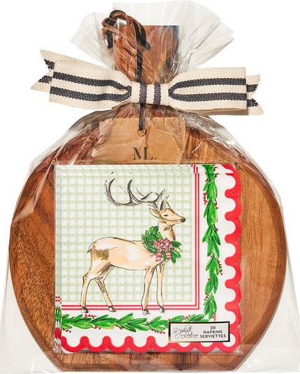 Holly & Berry 9.75"x8" Acacia Bevel Board and Napkin Gift Set