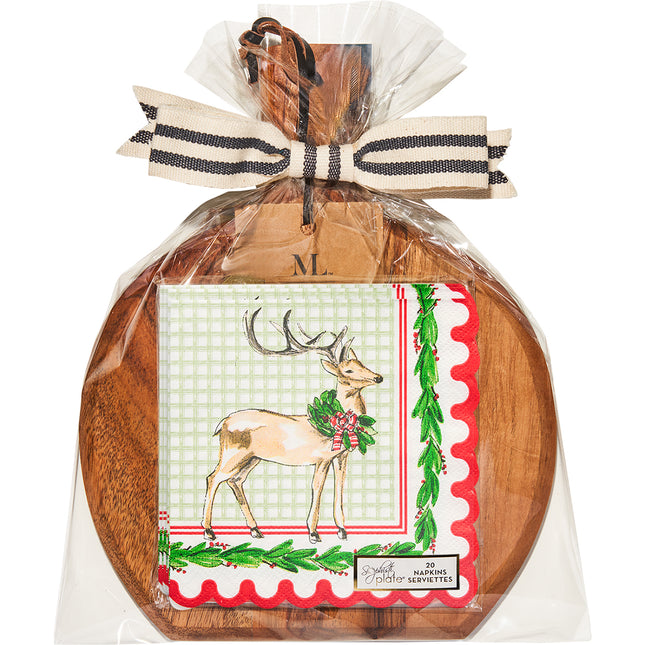 Holly & Berry 9.75"x8" Acacia Bevel Board and Napkin Gift Set