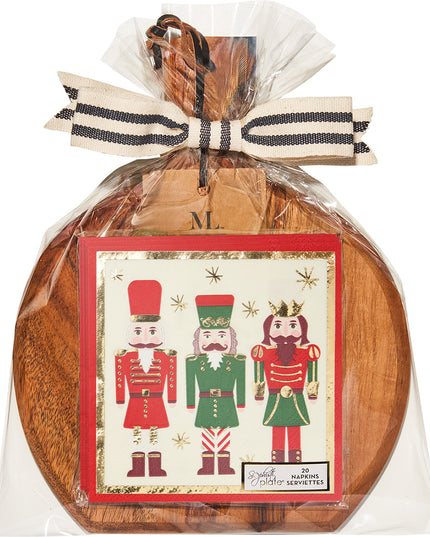 Nutcracker Christmas 9.75"x8" Acacia Bevel Board and Napkin Gift Set