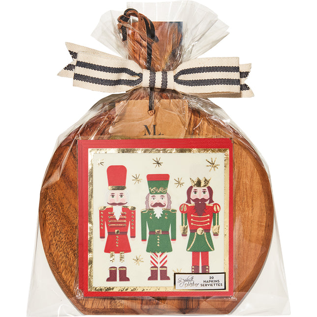 Nutcracker Christmas 9.75"x8" Acacia Bevel Board and Napkin Gift Set