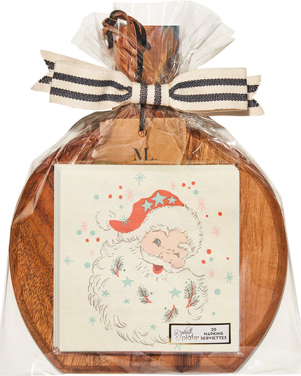 Vintage Santa 9.75"x8" Acacia Bevel Board and Napkin Gift Set