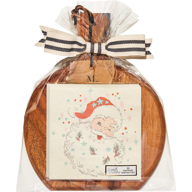 Vintage Santa 9.75"x8" Acacia Bevel Board and Napkin Gift Set