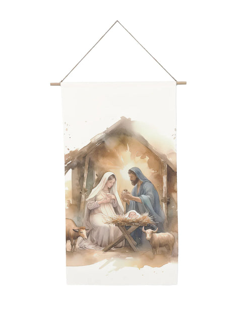 Watercolor Nativity Canvas Scroll 14" x 30"
