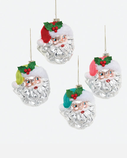 Jolly Santa with Flocked Hat Glass Ornament - 4 Assorted