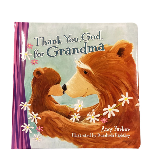 Children's book titled 'Thank You, God, for Grandma' with a bear illustration on a wooden surface
