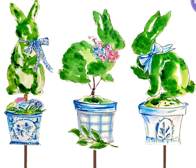 Beck's Boxwood Bunnies in Blue Pots