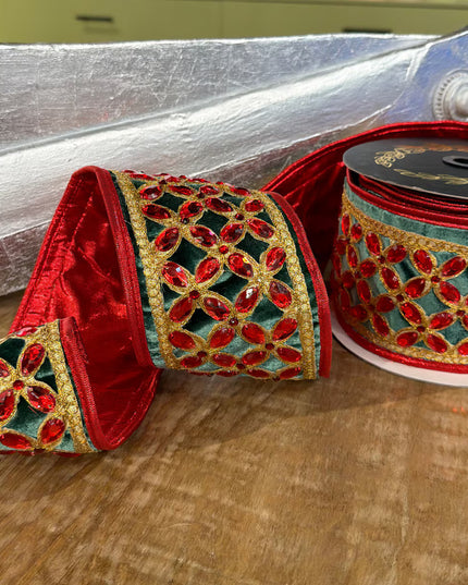 Green Velvet Red Floret Center Metallic Dupioni Trim Red-4x5yd