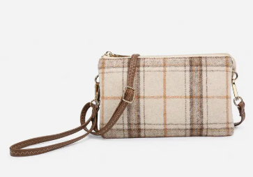 Riley Plaid Crossbody/Wristlet Beige