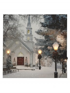 16X16"LED/BTY/TMR COUNTRY WINTER CHURCH ART