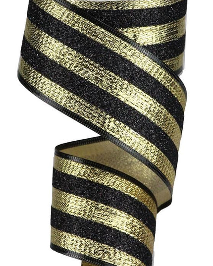 Ribbon 2.5"x10Y Gold Black Glitter Stripes