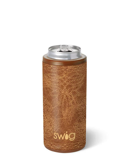 Saddle Stitch Cognac Skinny Can Cooler 12oz