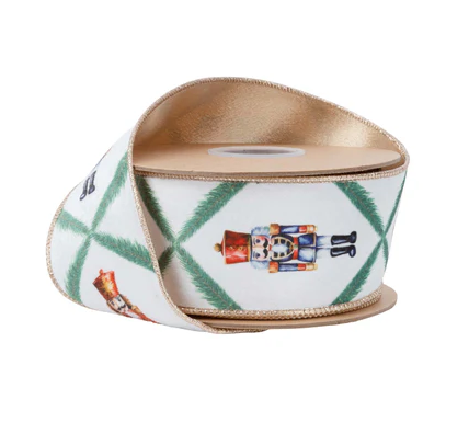 2 1/2" Wired Reversible Velvet | Nutcracker with Northfolk Pine on White | 10 Yard Roll