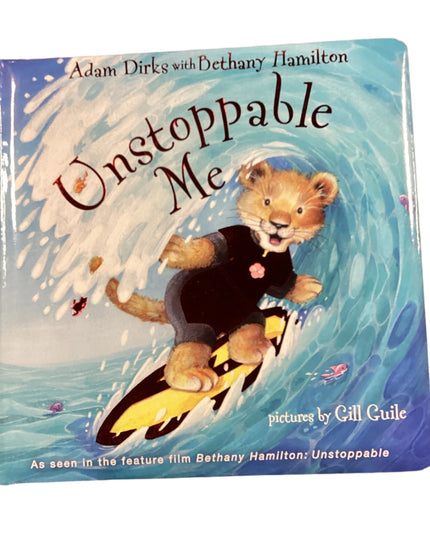 Children's book titled 'Unstoppable Me' with a lion on the cover surfing on a wave.