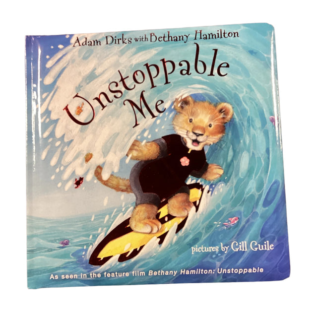 Children's book titled 'Unstoppable Me' with a lion on the cover surfing on a wave.