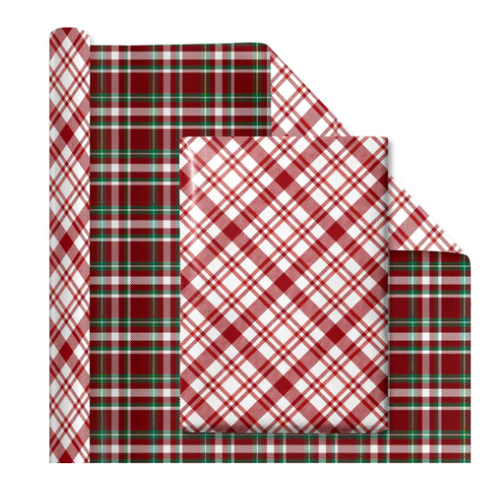 30" x 10’ Holiday Reversible Wrapping Paper | Red, Black and White Plaid/Red/White Plaid