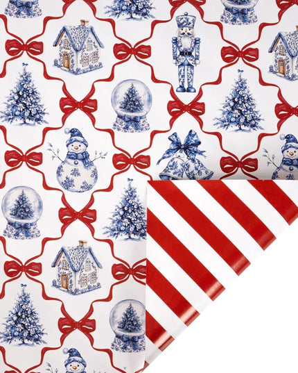 30" x 10' Holiday Reversible Wrapping Paper | Christmas Icons and Bows and Red/White Diagonal Stripe