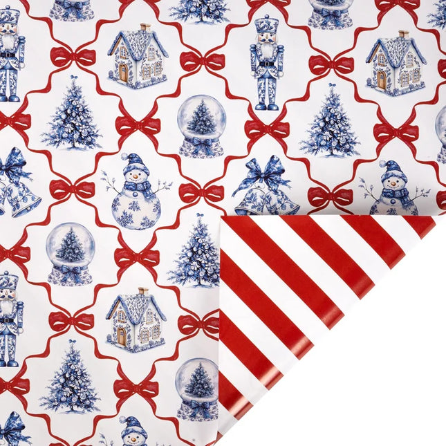 30" x 10' Holiday Reversible Wrapping Paper | Christmas Icons and Bows and Red/White Diagonal Stripe