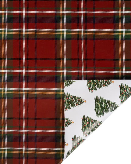 30" x 10' Holiday Reversible Wrapping Paper | Traditional Tartan Plaid and Decorated Trees