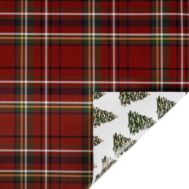 30" x 10' Holiday Reversible Wrapping Paper | Traditional Tartan Plaid and Decorated Trees